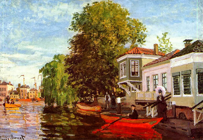 Huizen aan de Achterzaan, één van de schilderijen die Monet in 1871 maakte tijdens zijn verblijf in Zaandam [Publiek domein].