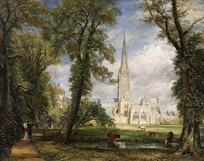 John Constables schilderij Salisbury Cathedral from the Bishop's Grounds (1823-1825) [Publiek domein].