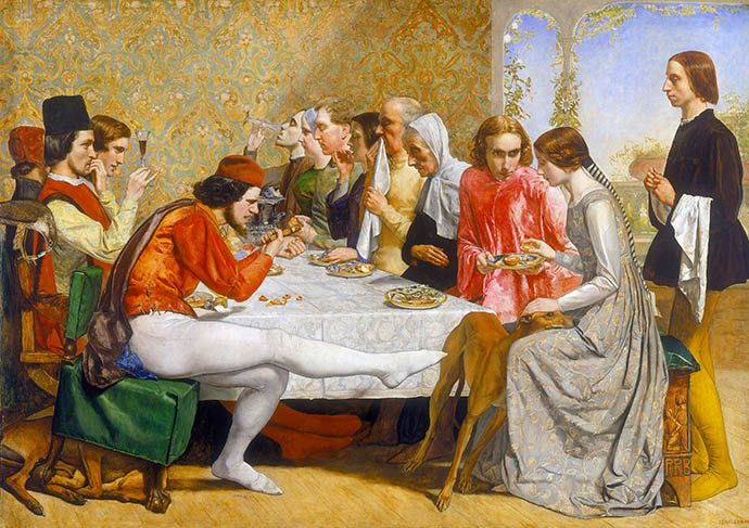 Het diner uit de Decamerone, waarbij Isabella en haar geliefde worden gadegeslagen door haar broers, verbeeld door John Everett Millais rond 1848-1849 [Publiek domein].