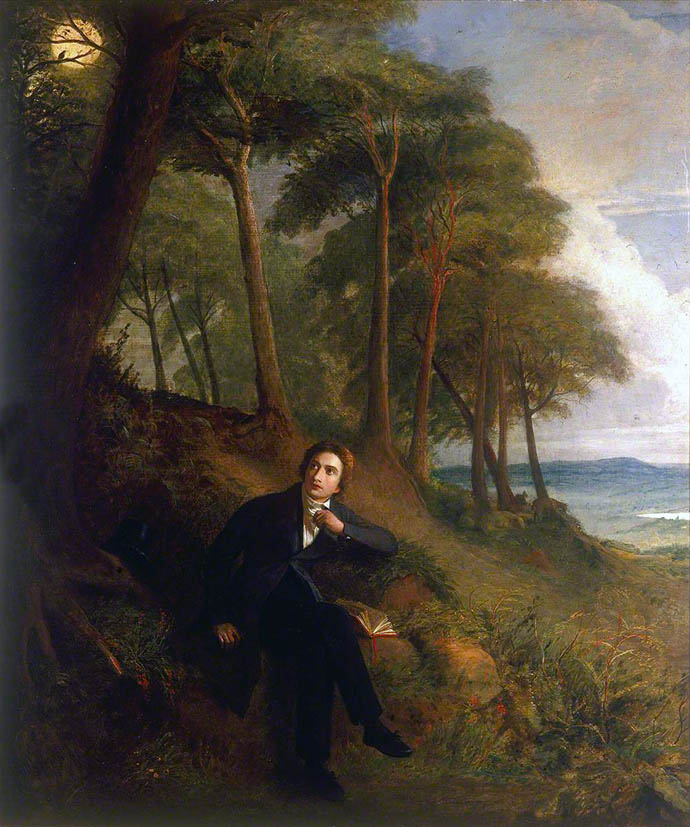 Keats Listening to a Nightingale on Hampstead Heath door Joseph Severn (1793-1879) [Publiek domein].