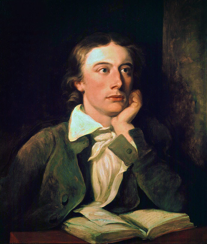 John Keats op zijn posthume portretschilderij door William Hilton uit 1822 [Publiek domein].