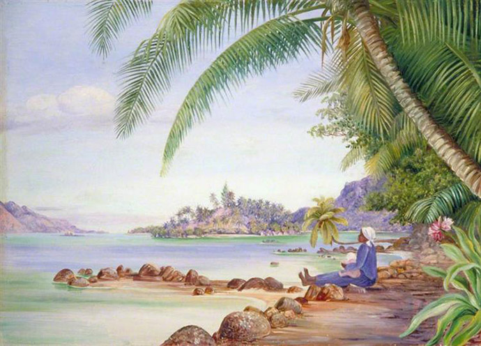 View of Round Island and a Part of St Anne's from Quarantine Island (1883), door Marianne North [Publiek domein].